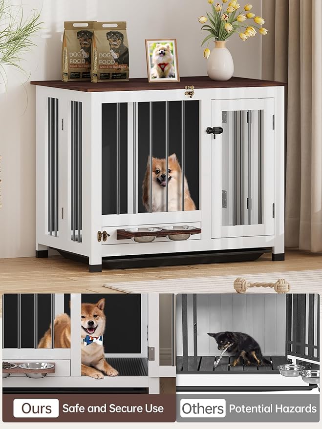 31.5" Dog Crate Furniture - Wooden Dog Kennel with 360° Rotating Feeder & Removable Tray | Indoor Multi-Functional End Table for Medium & Small Dogs, White Dog Cage, Portable Pet Furniture