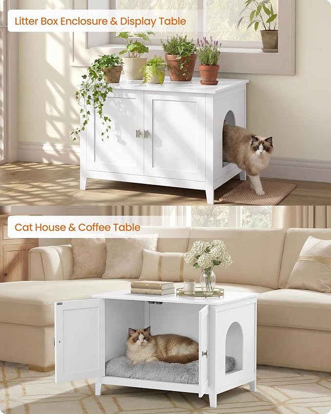 Feandrea Cat Litter Box Enclosure, Modern Hidden Cat Litter Box Furniture, Double Doors, Handles, Indoor Pet House Washroom, Living Room Side End Table, Cloud White UPCL015WB01