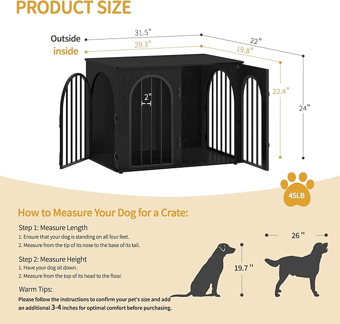 Hzuaneri 31.5'' Wooden Dog Crate Furniture, Indoor Dog Kennel Dogs Cage for Small/Medium Dogs, Heavy Duty Dog Crates Decorative Pet House End Side Table TV Stand, Black DFC85104B