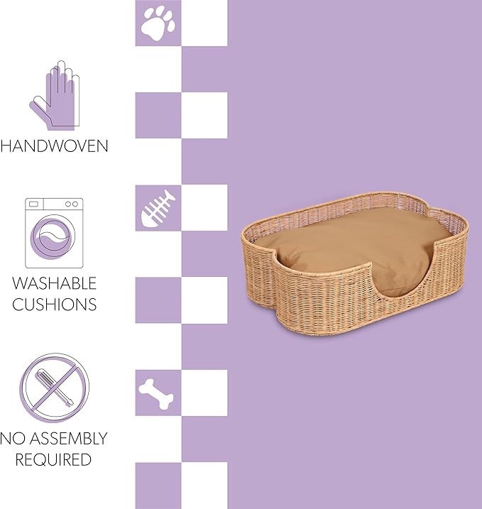 DBD1002B Scallop Handwoven Water Hyacinth Pet Bed with Machine Washable Cushion, 27" x 18.25" Wicker Cat and Dog Bed for Small to Medium Pets, Boho Tropical Style Basket, Light Brown