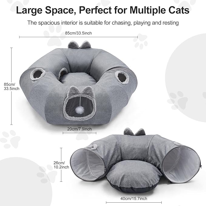 Linen Cat Tunnels with Central Cat Bed, Interactive Cat Toys Detachable Washable Soft Mat Large Indoor Play Tunnel Cave for Kittens and Small Animals