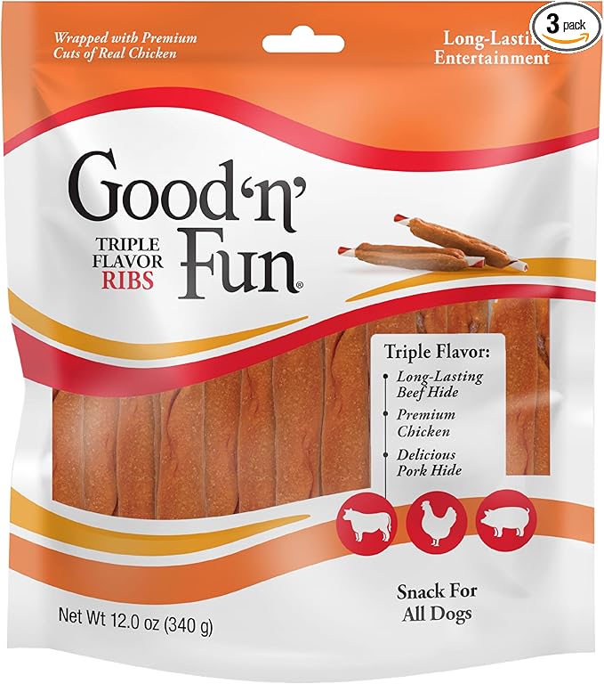Good 'n' Fun Triple Flavor Ribs Chews for All Dogs, Treat Your Dog to Long-Lasting Chews Made with Beef Hide, Chicken and Pork Hide, 12 Ounces (Pack of 3)