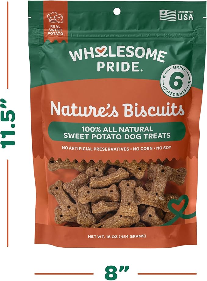 Wholesome Pride Nature’s Biscuits Dog Treats - Crunchy, Natural, Limited Ingredient, Grain-Inclusive Recipe with Fiber‑Rich Sweet Potato - Mini Bone-Shaped Treats for Dogs - 16 oz Bag
