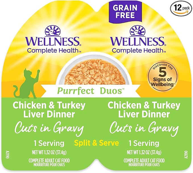 Wellness Complete Health Purrfect Duos Cuts in Gravy Adult Wet Cat Food, Natural, Protein Rich, Grain Free, Chicken and Turkey Liver Dinner Recipe, 2.64 oz, Pack of 12 Split Cups