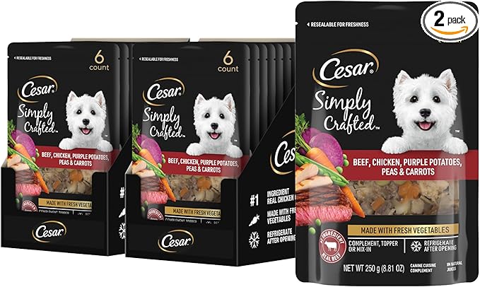 Cesar Simply Crafted Wet Dog Food Topper Beef, Chicken, Purple Potatoes, Peas & Carrots, Wet Food for Dogs, 8.82 oz. Pouch, 6 Count (Pack of 2)
