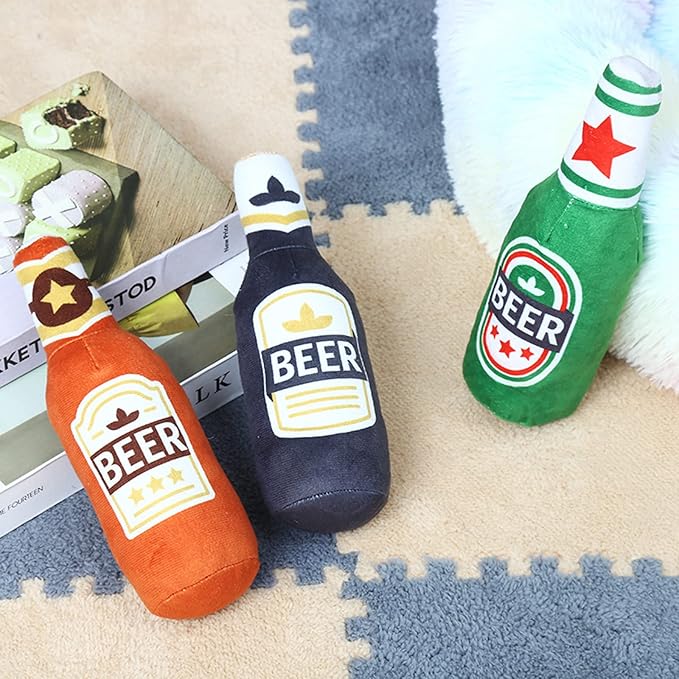 Squeak Dog Toy Soft Plush- Chew Beer-Bottle Shape Squeeze with Squeaker for Medium & Small Dog, 24*7cm