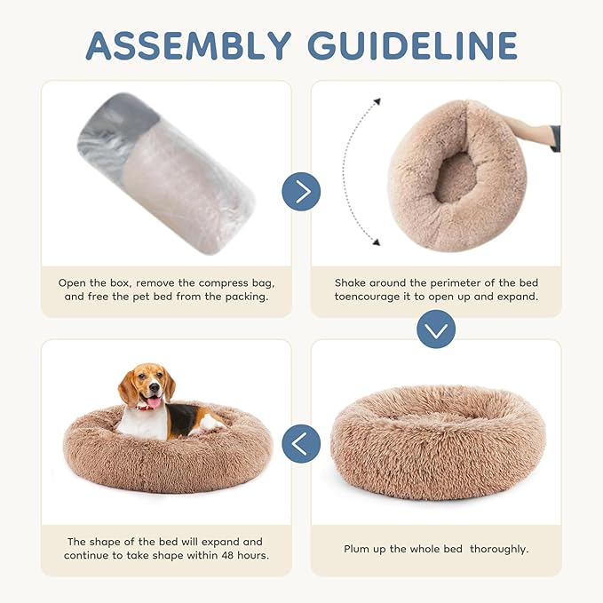 DUMOS 37.4x37.4 Inch Calming Donut Dog Beds for Large Dogs, Machine Washable Cuddler Warming Cozy Fluffy Faux Fur Plush Round Pet Bed, Anti-Slip Bed for Indoor Dogs and Cats, Brown