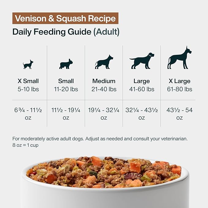 JustFoodForDogs Frozen Fresh Dog Food Toppers and Meals, Human Grade, Balanced Fresh Pet Meal or Topper, No Preservatives, Limited Ingredient Recipe, Venison & Squash 72 oz - 7 Pack
