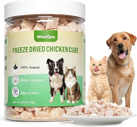3.53 oz Freeze Dried Chicken Cubes for Dogs and Cats Single Ingredient Raw Chicken Breast Treats High Protein Low Fat Pet Training & Reward Snacks Grain-Free Chicken Bites