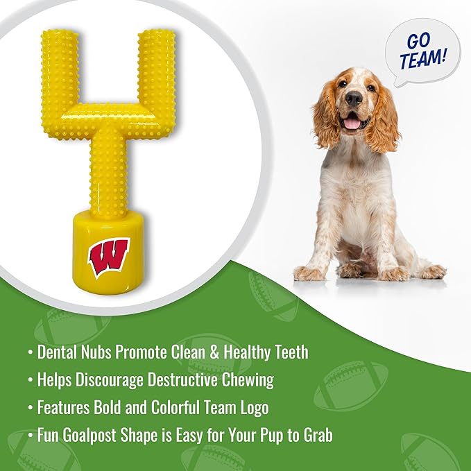 NCAA Wisconsin Badgers Mega-Chew Hard Nylon Bacon-Flavored Dog Bone Football Goal-Post Chew Toy. Interactive, Tasty & Fun Dog Chew Toy. Indestructible, Strong, Tough & Durable Pet Chew Toys