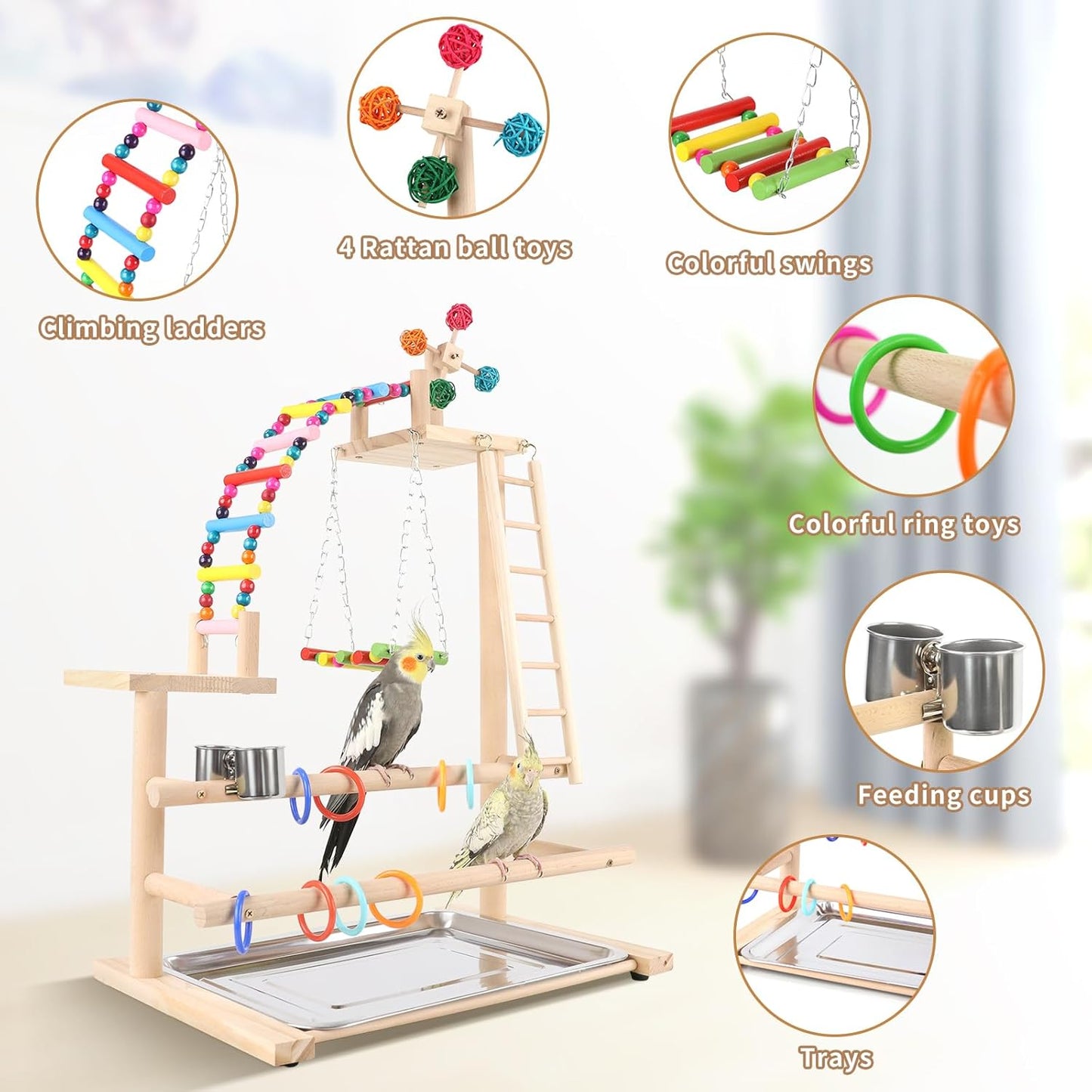 Bird Playground, Perch Stand Parrot Playstand Play Gym with 2 Perches Stand Windmill Toys, Playpen for Parakeet Conure Cockatiel Lovebird Budgie Caique, Exercise Playgym with feeding Cups