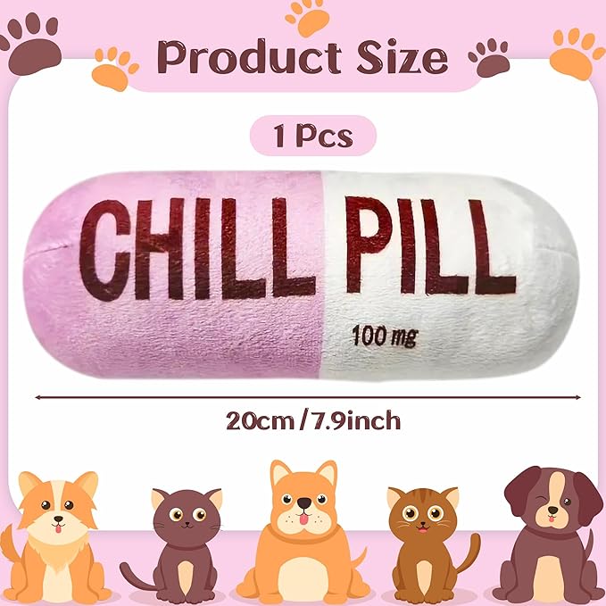 CUweipeng Funny Dog Squeaky Toy - Pink Chill Pill Capsule Shaped Teething Squeak Plush Pet Toy Bite Kick Indoor Interactive Training Play Supply for Small Dog Cat Present Pet Lover Gift Photo Props