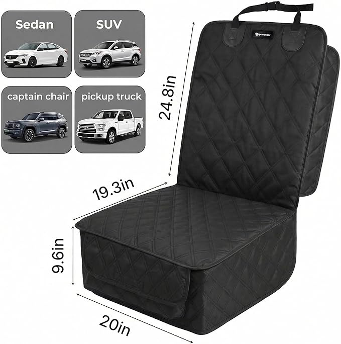 Front Seat Dog Cover for Car SUV Truck, Waterproof 600D Oxford Cloth Pet Seat Protector with Side Flaps, Durable Dog Seat Cover Front Passenger for Bucket Seat/Captain Chair, Full Protection (Black)