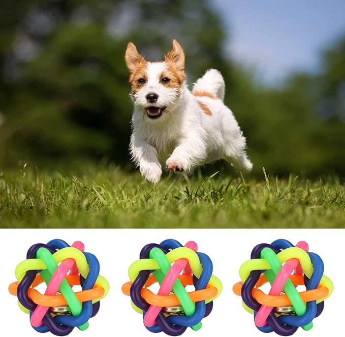 Zerodis 10Pcs Pet Wobbly Rubber Ball,Colorful Dog Rubber Woven Ball Built in Bell Pet Chew Teeth Grinding Interactive Toys for Indoor Cats and Dogs