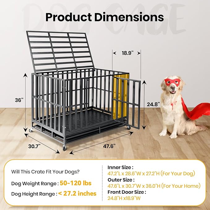 Oranland 48 inch Heavy Duty Indestructible Dog Crate,2026 Ultimate Base Plate for Large and Middle Dogs,Dog Kennel for High Anxiety Dogs/Max Load Capacity 300lbs/Double Door with 2 Lockable Wheels
