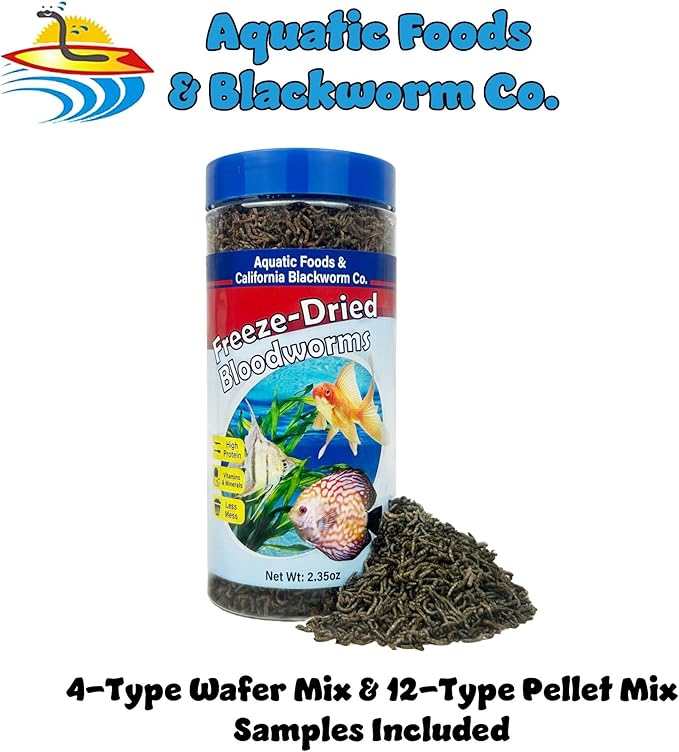 Bloodworms, Grade A Freeze Dried Floating Bloodworms for Cichlids, Discus, Goldfish, Bettas, Angel Fish, Marine Fish, 12-Type Pellet Mix & 4-Type Wafer Mix Included..2.35oz Canister