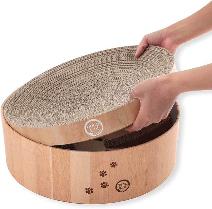 Necoichi Cat Scratcher Bowl Replacement for Indoor Cats - Cat Scratching Lounger with Reversible Usability and Extra Comfort for Lounge, Cardboard Bed Couch / (Regular, Oak)