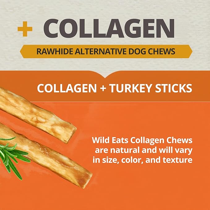 Wild Eats Turkey Collagen Sticks for Dogs (25 Pack, 0.6 cm Wide) Long Lasting Dog Chews No Hide Dog Treat Bully Stick Alternative, Rawhide Free, Grain Free, High Protein