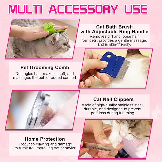 Cat Bathing Bag, Anti-Scratch & Anti-Bite Adjustable Mesh Cat Shower Bag with Nail Clipper, Grooming Comb, Bath Brush & Nail File, Breathable Cat Washing Bag for Bathing, Nail Trimming