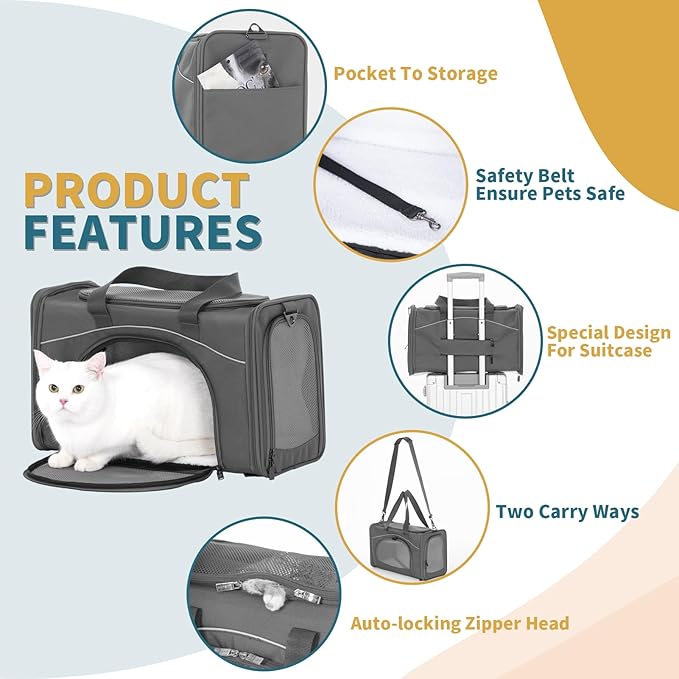 ‌Petsfit Airline Approved Pet Carrier for Small Cats, 15x8x10 TSA Approved Carrier, with Removable Dual-Sided Padding (2-Way Placement) - Fits Under Most Airplane Seats, Escape Proof (Grey)