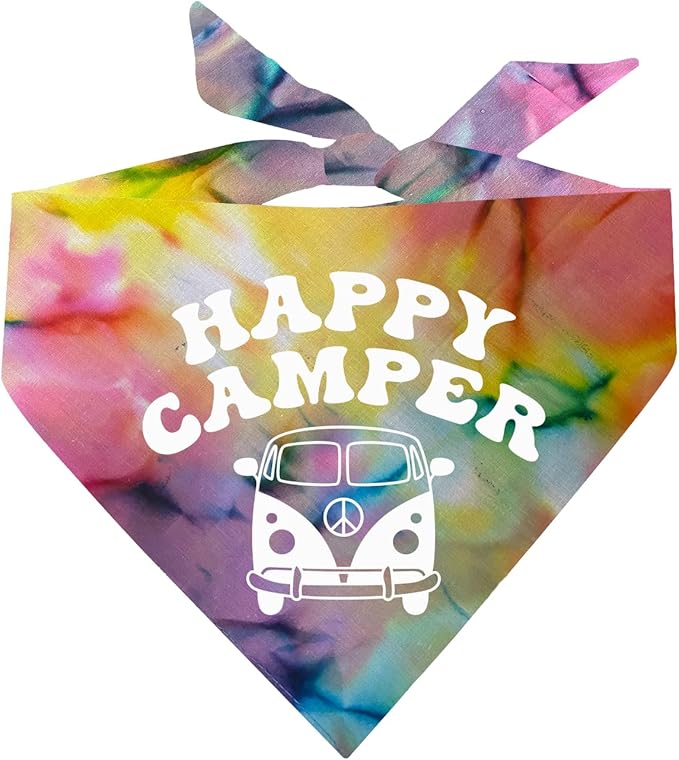 Happy Camper Dog Bandana | 100% Cotton | Made in USA | Hiking | Camping | Outdoors | Nature | Tie Dye | One Size |Rainbow Scrunch (799)