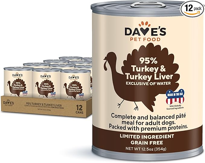 Dave's Pet Food Grain Free Wet Dog Food (95% Turkey & Turkey Liver), Made in USA Single-Source Protein, Limited Ingredients, 12.5 oz Cans (12 Pack)
