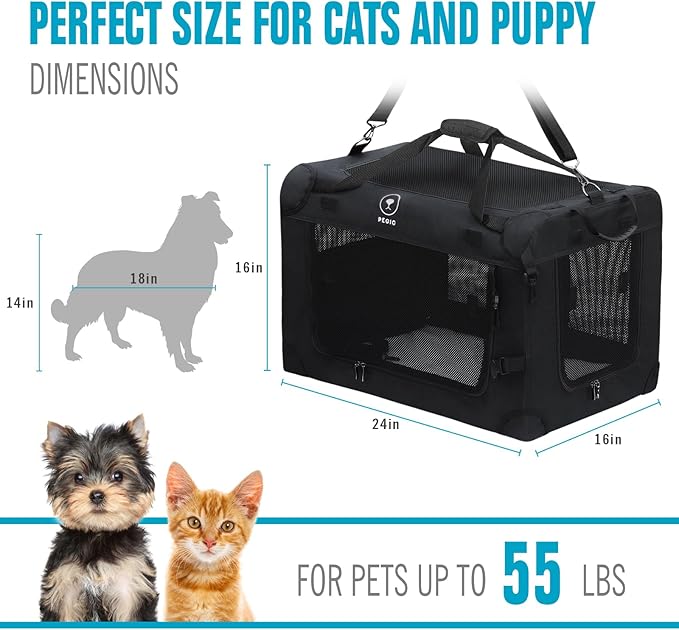 PEGIC Extra Large Cat Carrier for Car Travel, Soft Sided Collapsible Pet Carrier for Outdoor and Indoor Uses, Roomy Cat Carrier for 2 Kittens, Large Cat or Puppies up to 50lbs (Black)