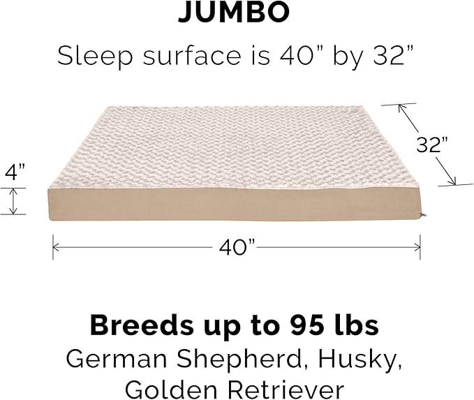 Furhaven Orthopedic Dog Bed for Large Dogs w/ Removable Washable Cover, For Dogs Up to 95 lbs - Ultra Plush Faux Fur & Suede Mattress - Cream, Jumbo/XL