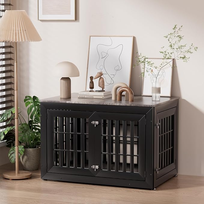 Snuowu 42" Heavy-Duty Dog Crate Furniture for Large/Medium Dogs, XL Wooden Dog Cage Kennel Indoor Furniture, Decorative Pet House End Table, Black & Grey