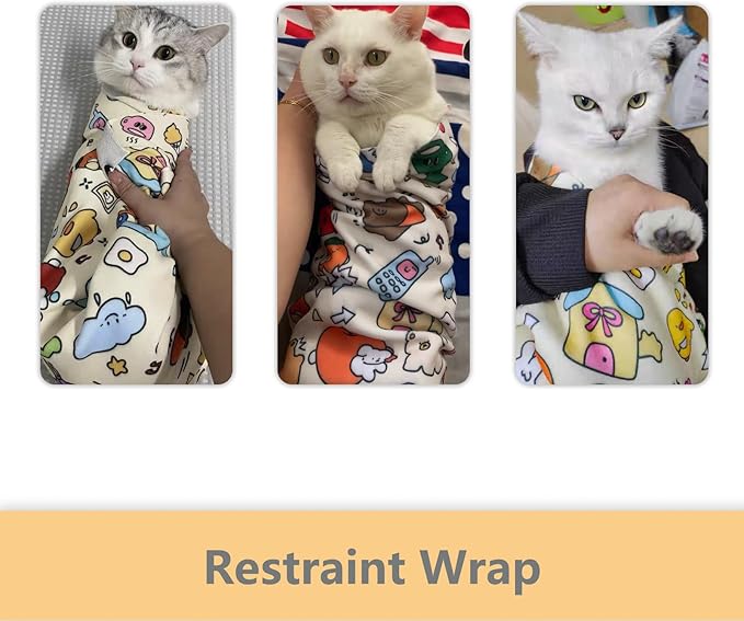 Cat Grooming Wrap - Multifunctional Anti-Bite & Scratch Blanket for Nail Trimming, Medicine, and Injection, Self-Sticking Wrap for Calm & Safe Pet Care (Cute Prints, XL-35.5inch within 22lbs)