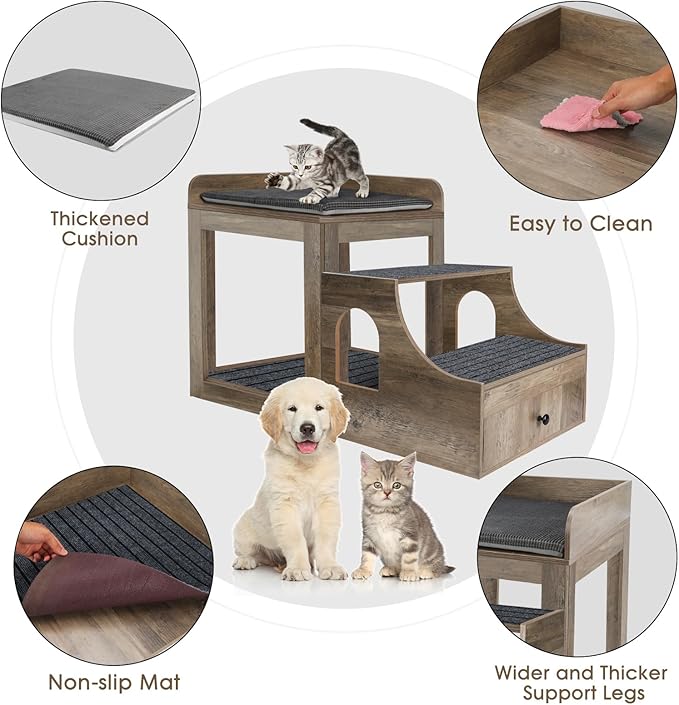Cat Window Perch with Removable Stairs, Large Pet Bunk Bed with Drawer and Cushion for Cats and Dogs, Strong Frame Pet Bed for Bedside, Home, Indoor, Grey