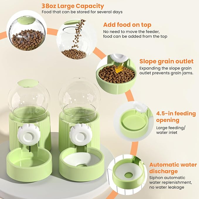 38oz Hanging Automatic Food Water Dispenser, Large Capacity Gravity Rabbit Water Dispenser and Feeder Set, for Bunny Guinea Pig Chinchilla Ferret Cage Accessories (Green)