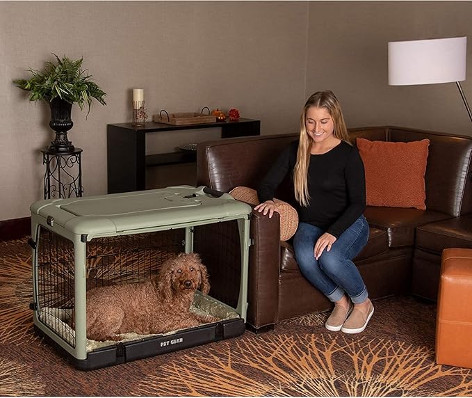 Pet Gear “The Other Door” 4 Door Steel Crate for Dogs/Cats with Garage-Style Door, Includes Plush Bed + Travel Bag, No Tools Required, Sage, 36 Inch