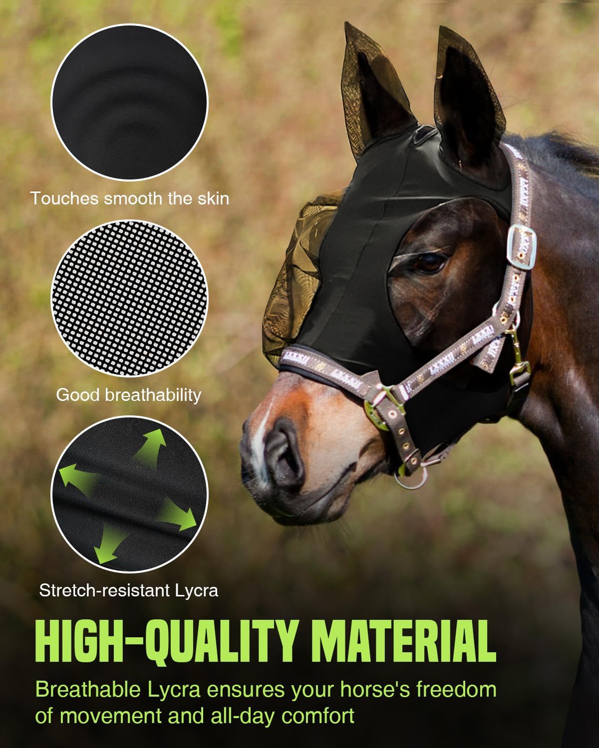 JWODVNTH Fly Masks for Horses with Ears - Large Eye Space, Comfort, UV-Block - Horse Fly Mask for Daily Stable, Hot Weather Riding, and Competition - Cob, Black