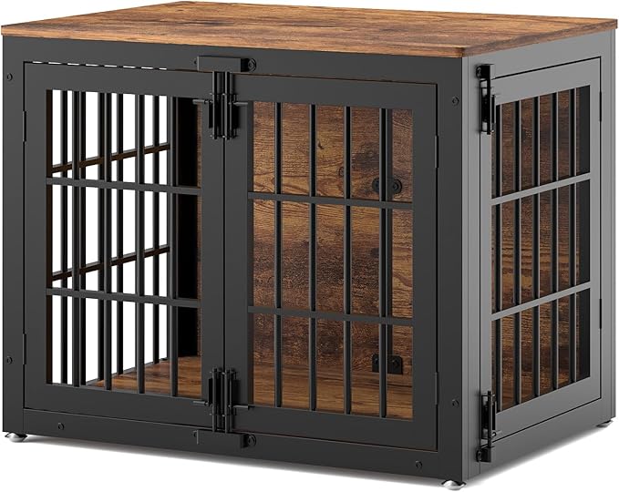 33" Heavy Duty Dog Crate Furniture, Wooden Dog Cage Kennel for Small and Medium Dogs, Dog Kennel Indoor with Side Door, Decorative Pet House End Table, Brown