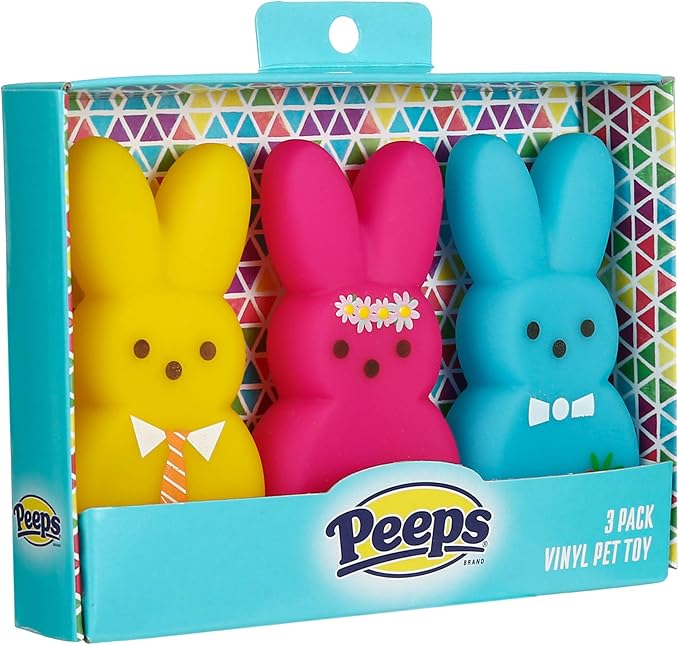 Peeps for Pets 3 Piece Dress-Up Bunnies Vinyl Dog Toys Yellow, Pink, Blue 4 inch Plastic Squeaky Dog Toys Value Pack Fun, Cute, and Squeaky Dress-Up Bunnies from Peeps