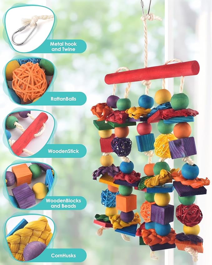DBNESS Bird Toys, 3PCS Parrot Foraging Hanging Toy, Multicolored Natural Wooden Blocks Parakeet Chewing Toys mit Rattan Wicker Balls, for Medium Small Cockatoos Budgie Lovebird Cockatiel Conure
