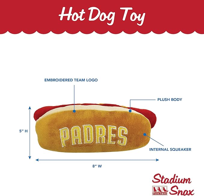 MLB San Diego Padres Plush Dog Toys - Stadium Theme Snacks - Cutest Plush HOT-Dog Toy for Dogs & Cats with Inner Squeaker & Premium Embroidery of Baseball Team Name/Logo