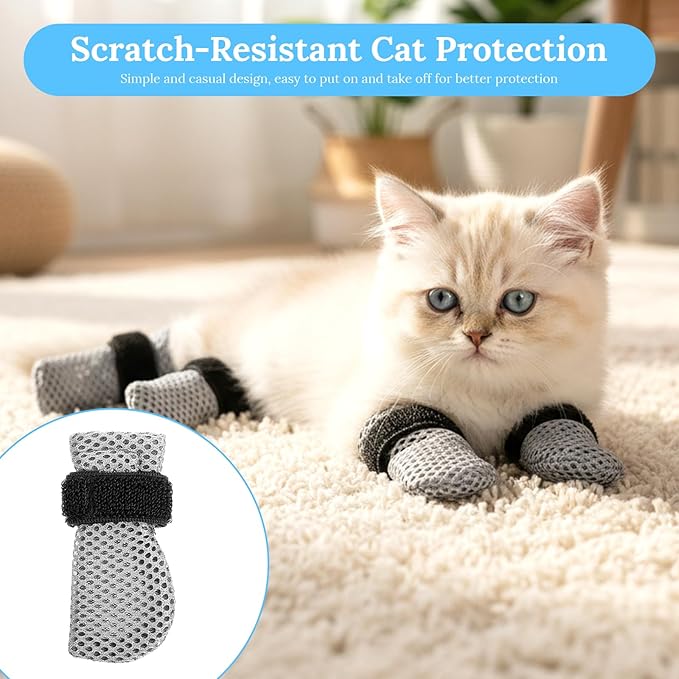 Qianyu 4 Pcs Cat Boots Anti Scratch Mittens Gloves Mesh Cat Claw Protectors Foot Covers Adjustable Breathable Kitten Shoes to Prevent Scratching for Pet Bathing Feeding Cutting Nails Trimming