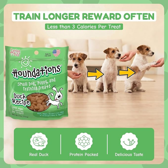 Loving Pets Houndations Duck Dog Training Treats | All Natural | 2.6 Calories Per Treat | Grain-Free, Wheat-Free, Gluten-Free & Corn-Free | For Small Dogs & Puppies, 4 oz