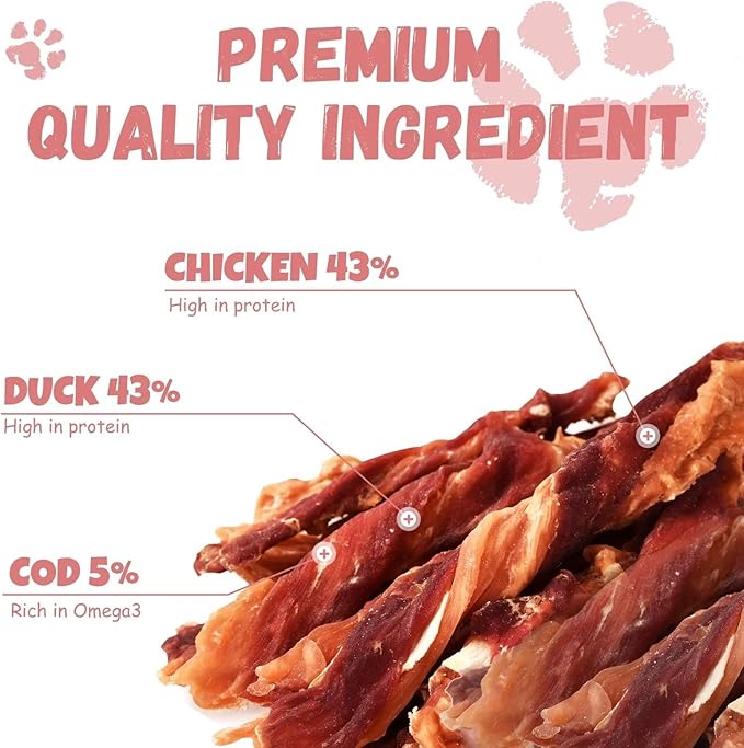 Pawmate Dog Jerky Treats Triple Flavor Chicken Duck Wrapped Cod Twisted Sticks 5'', Rawhide Free Grain Free Dog Training Snacks Chews for Small Medium Large Dogs, 10.6 oz