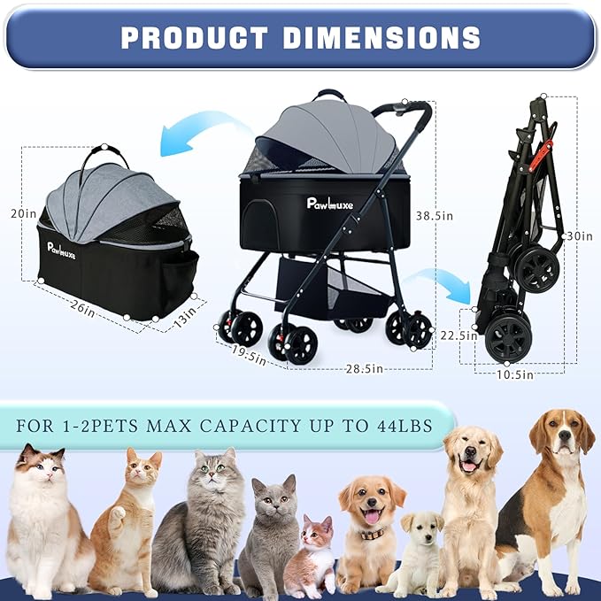4 Wheels Pet Stroller 4 in 1 Pet Stroller with Detachable Carrier for Small & Medium Dogs Cats up to 55 lbs Easy-Folding Travel Dog Wagon with Car Seat Breathable Mesh,Blue Cartoon