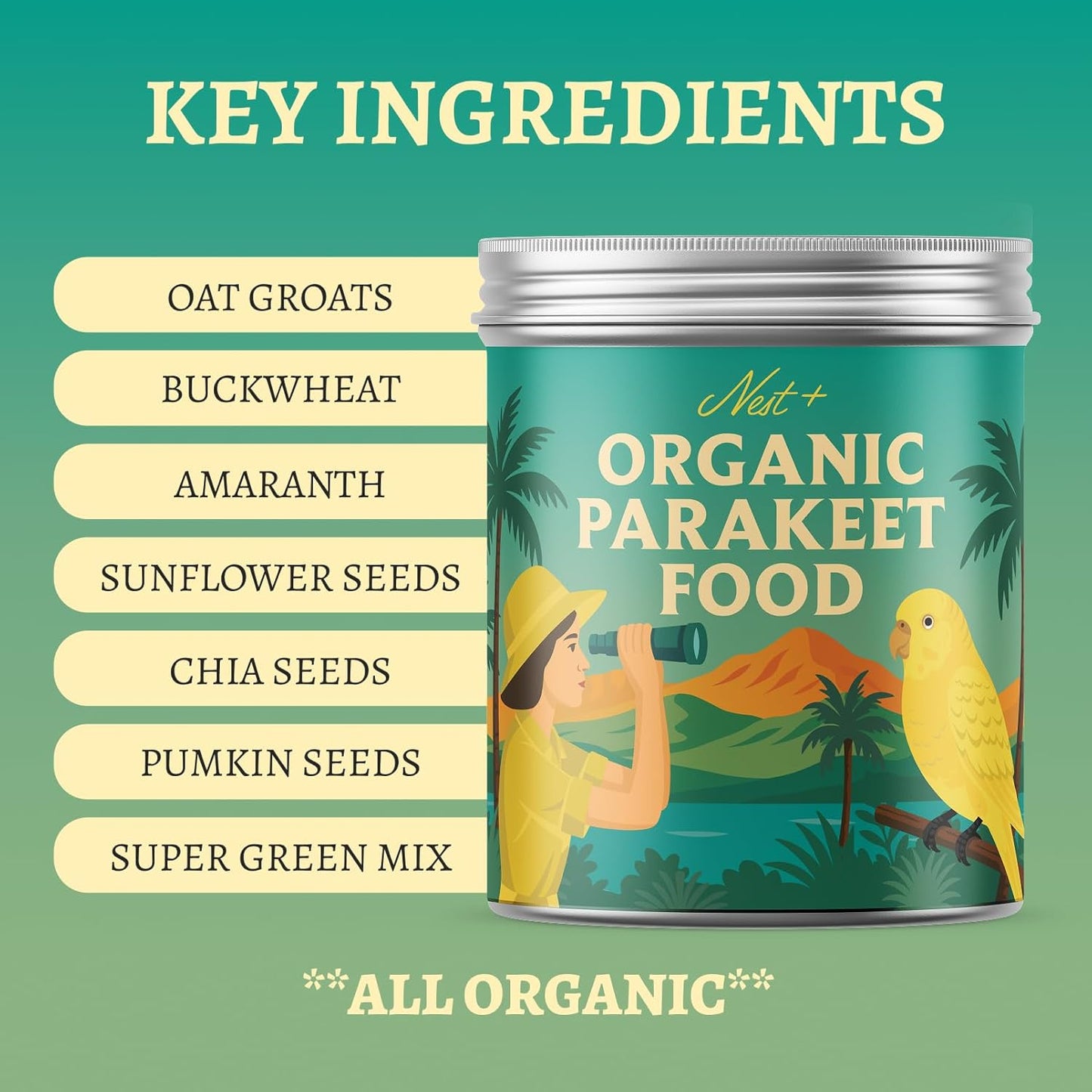 100% Organic Parakeet Food – Premium Bird Seed Mix with Oat Groats, Buckwheat, Amaranth, Super Veggies & Seeds – Reusable Tin + Stainless-Steel Scooper – Made in USA, Human Grade Ingredients (1lb)