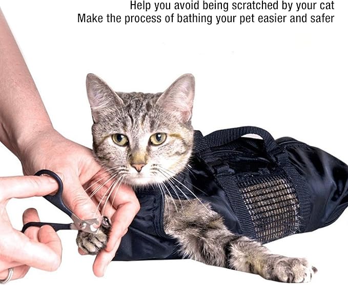 Cat Grooming Bag, Comfortable and Cat Bathing Bag with Easy Access for Nail Trimming and Cleaning, Sturdy Oxford Cloth Cat Restraint Bag (Black) with Multifunctional Use
