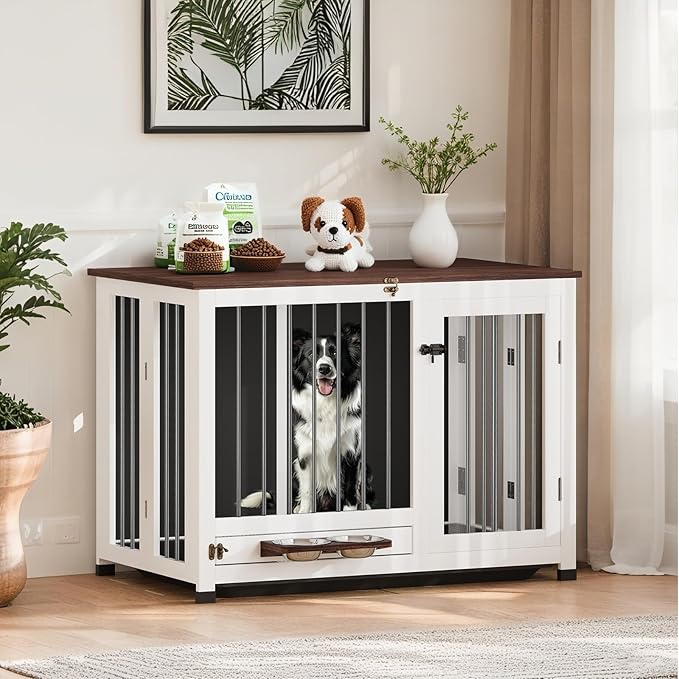 39.4" Dog Crate - Wood Dog Kennel Furniture with Removable Tray & 360° Rotating Feeder | White Dog Cage for Living Room, Bedroom, Indoor Sturdy Pet End Table for Medium & Large Dogs | Easy Assembly