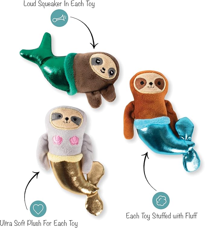 Fringe Studio Sloth Mermaids Small Plush Squeaker Dog Toy 3PCS Set, PetShop Collection (289438)