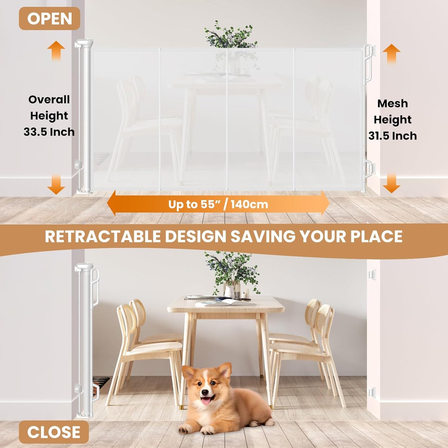 Reinforced Retractable Baby Gate or Mesh Dog Gate,Easy to Use for Stairs, Doorways, Hallways, Indoor, Outdoor, Wide Pet Gate 33.5" Tall, Extends to 55" Wide, White