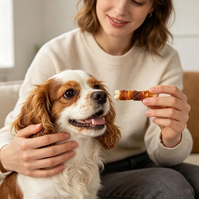 MON2SUN Double Flavor Dog Treats, 4 Inch Chicken and Duck Wrapped Calcium Bones, Rawhide Free Chews for Small Dogs, Teeth Cleaning Bones, 21.16oz (30 Count-Pack of 1)