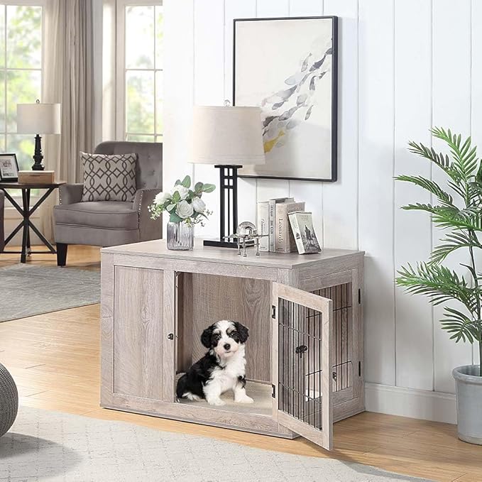 unipaws 36 Inch Furniture Style Dog Crate for Medium Dogs, Indoor Puppy Kennel with Door, Modern Decorative Wood Wire Pet Cage, Pretty Cute End Side Table Nightstand, Weathered Grey