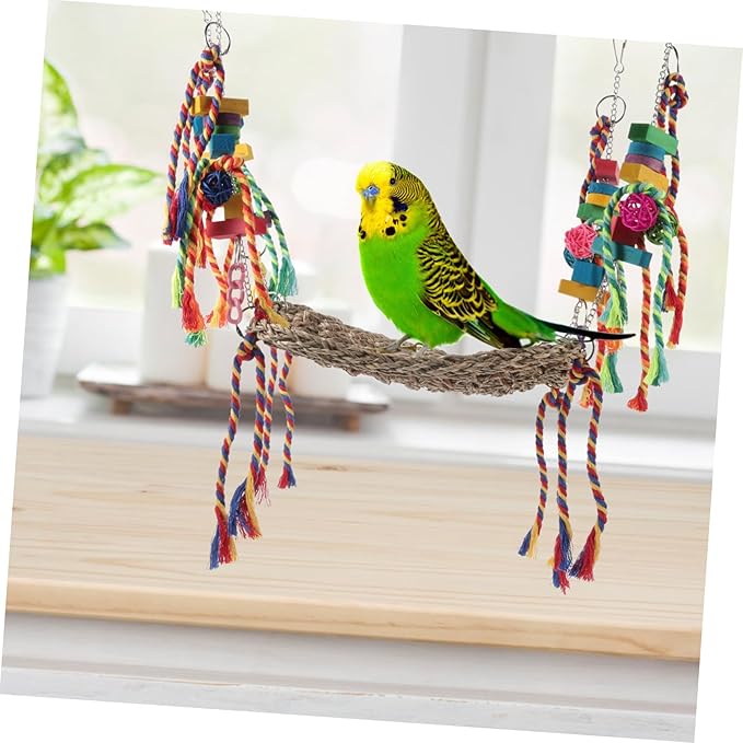 HANABASS Decorative Bird Hammock for Parrots Chinchillas and Hamsters Chew Toy with Natural Grass Net Design for Climbing and Swinging Bird Cages